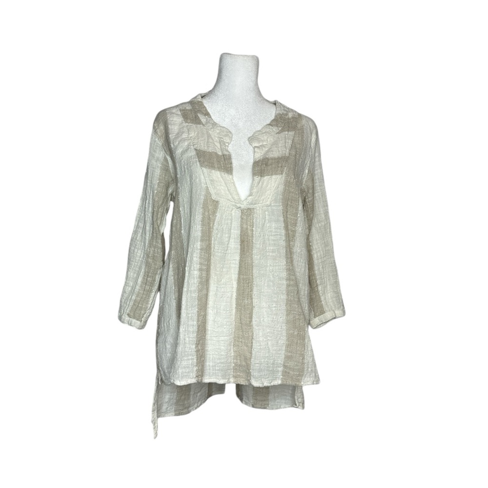 Namsar, Classic White V-Neck 100% Cotton Gauze Tunic Top, Sz Medium, White & Tan